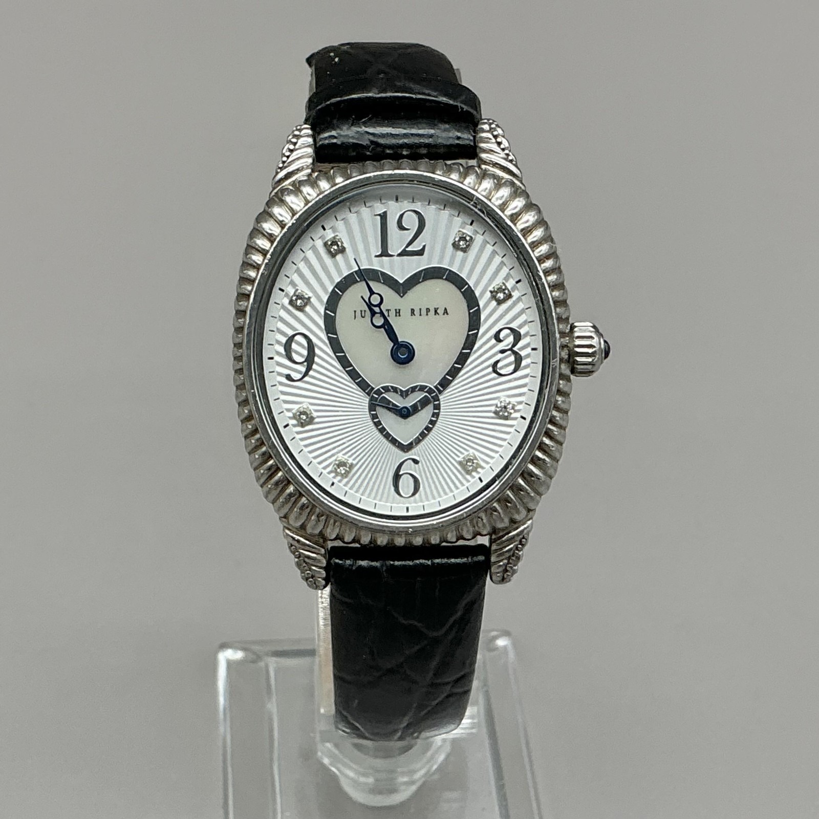Judith Ripka Womens Watch Silver Dial Black Leather Heart Diamond Markers Quartz